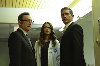 "Reassortment" -- Reese and Finch become trapped in a hospital that becomes ground zero for a deadly viral outbreak. Also, Samaritan's newest recruit has second thoughts, and Shaw continues to struggle with reality, on PERSON OF INTEREST, Tuesday, May 24 (10:00 -- 11:00 PM ET/PT) on the CBS Television Network. Pictured L-R: Michael Emerson as Harold Finch, Amy Acker as Root, and Jim Caviezel as John Reese Photo: Giovanni Rufino/Warner Bros. Entertainment Inc. ÃÂ©2015 WBEI. All rights reserved.